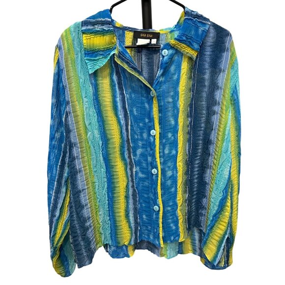 Bala Bala Striped Colorful Button-Up Blouse Blue Yellow Sz Large - Picture 1 of 7
